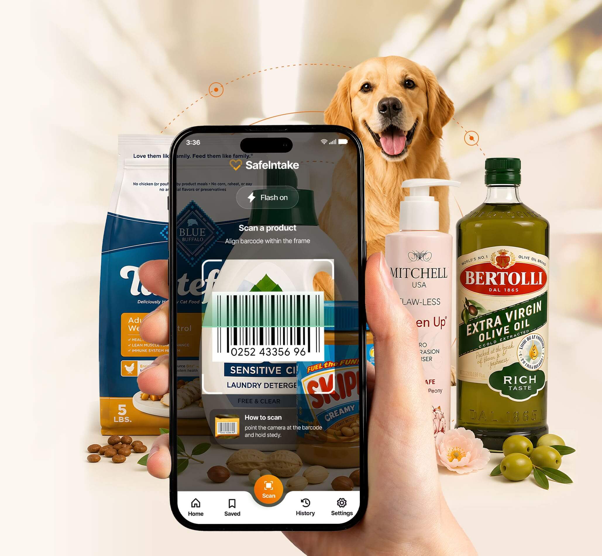 Hand holding phone scanning consumer products with SafeIntake